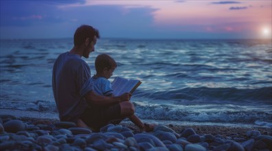 A father and a boy are sitting on the beach reading a book, tales or a Bible, AI generated