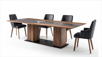 A sleek modern dining table with black chairs against a white backdrop, AI generated