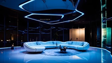 Futuristic living room interior design with high-tech and luxury furniture, AI generated