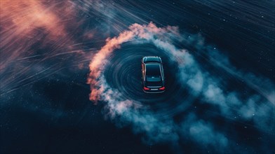 Car performing a high-speed drift at night with smoke and dynamic light trails, AI generated