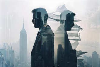 Silhouette of two businessman against a backdrop double exposure that reveals a destroyed