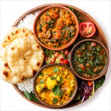 A top view of Indian dishes with naan bread, curry, and rice, AI generated