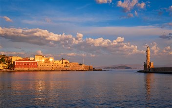 Panorama of picturesque old port of Chania is one of landmarks and tourist destinations of Crete