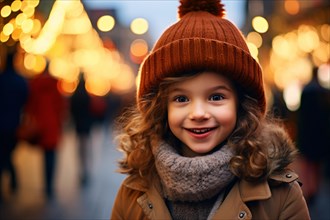 Smiling child with knitted winter hat at christmas market. AI generated