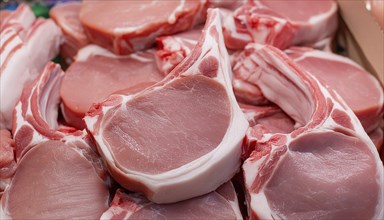 Meat, raw pork, many chops in a display in a butcher's shop, AI generated, AI generated