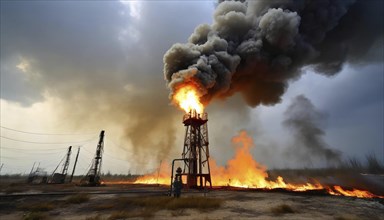 Symbol photo, Burning oil well with lots of dark smoke, AI generated, AI generated