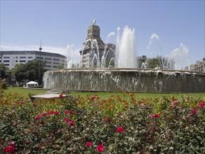 Colourful flowers in front of a large fountain with water fountains and a historic building in the