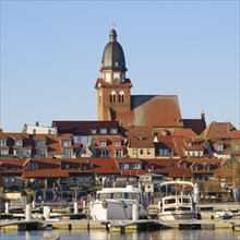 Town view with town harbour on Lake Mueritz, St. Mary's Church, Waren, Mueritz, Mecklenburg Lake