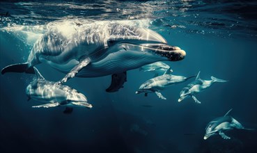 An underwater view of dolphins interacting with a curious humpback whale AI generated