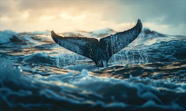 Whale's tail fluke emerging from the water against a backdrop of swirling ocean currents AI