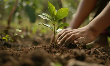 Tree planting initiative, close up view on tree sapling AI generated