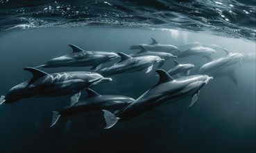 A pod of dolphins riding alongside a migrating blue whale AI generated