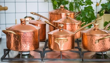 Metal, copper, copper crockery in the kitchen, copper pots, cooking pot