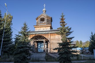 Wooden church, Russian Orthodox Church Tserkov, Teploklyuchenka, Kyrgyzstan, Asia