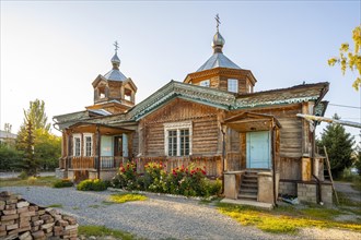 Wooden church, Russian Orthodox Church Tserkov, Teploklyuchenka, Kyrgyzstan, Asia
