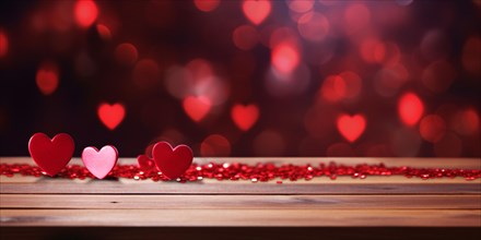 Heart shaped red confetti on wooden table with heart bokeh lights in background. KI generiert,