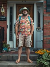 A bearded traveler in a hat and floral shirt with a backpack standing in an urban setting, AI