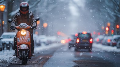 A motorcyclist rides on a snowy city street at night surrounded by traffic and street lights, AI