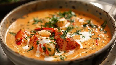 A creamy lobster soup garnished with herbs in a porcelain bowl, AI generated