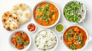 A well-arranged Indian meal featuring curry, naan, rice and condiments, garnished with herbs, AI