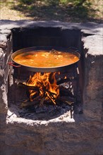 Close-up of a paella pan with a typical Spanish paella cooking on the fire in the countryside