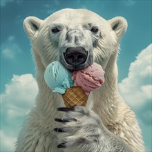 A polar bear holds two ice cream scoops and stands in front of a cloudy sky, symbolic image on the
