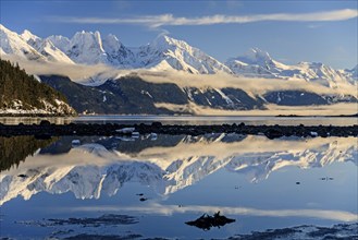 Snowy mountains reflected in fjord, morning light, Coast Mountains, Haines, Alaska, USA, North