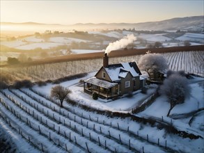 Aerial view of rustic vineyard cottage in a winter vineyard landscape with snow, AI generated