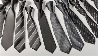 Black ties with different stripe patterns on a light-coloured background. Elegant and formal