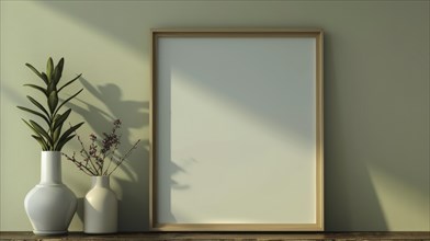 Empty frame on a wooden table with plants against a green wall in sunlight, AI generated