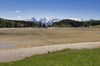 Drained Forggensee, empty, reservoir, flood protection, meadow, Allgaeu Alps, snow, Ostallgaeu,