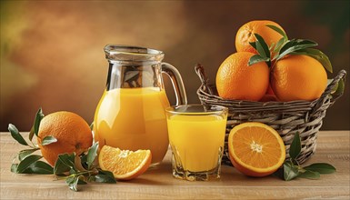 A jug and a glass of fresh orange juice next to a basket and some oranges on a wooden table, AI