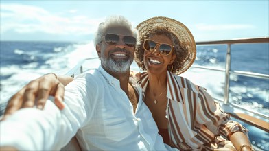 Happy african american senior couple taking A selfie on the deck of their luxury cruise ship.