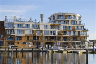 Modern apartment building on the harbour of Lake Mueritz, Waren, Mueritz, Mecklenburg Lake