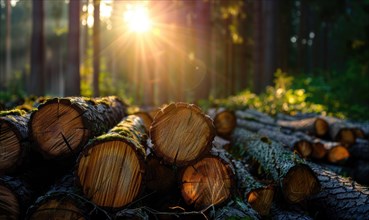 Logging, sawn logs closeup AI generated