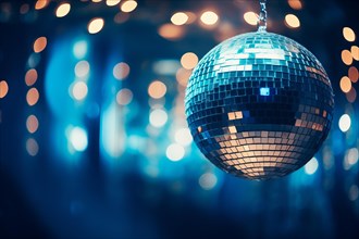 A disco ball is suspended from the ceiling at party, reflecting the lights and creating a festive
