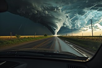 Disaster catastrophe storm concept, tornado in a field in the USA with car on road driving towards