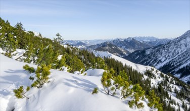 View from the summit of the Aiplspitz in winter, snow-covered mountain landscape with mountain