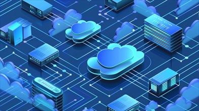 Illustration of cloud computing infrastructure, showcasing data centers and networking connections