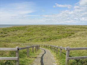 A wooden path leads through the dunes, the sky is blue and covered with clouds, in the background