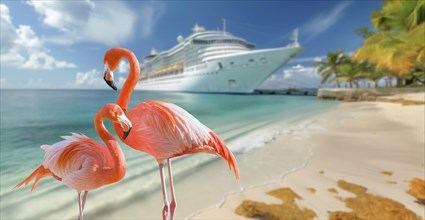 Beautiful tropical flamingo on the sandy shore with docked cruise ship in the background