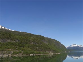 A calm lake, surrounded by green forested mountains, and a clear blue sky, calm water in a fjord