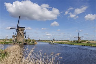 Several windmills on a river with a boat and a clear sky with white clouds, many historic windmills