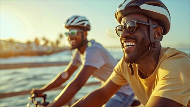 Happy african american men wearing safety helmets riding bikes on the ocean boardwalk. generative