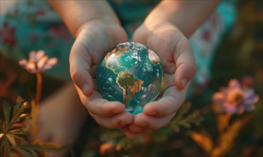 Child's hands holding a miniature Earth globe AI generated