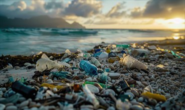 Plastic pollution on a remote beach AI generated