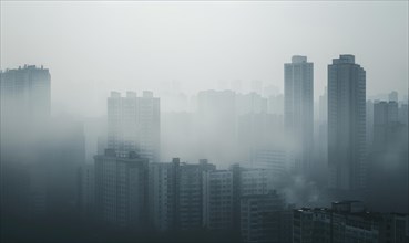 Urban landscape shrouded in smog with tall buildings barely visible AI generated