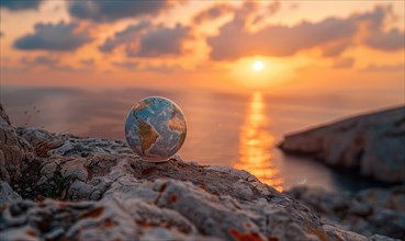 A photo capturing an Earth globe positioned on a rocky cliff with a breathtaking sunset sky in the