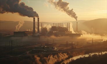 A power plant emitting pollution from its smokestacks AI generated
