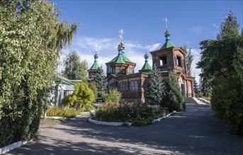 Russian Orthodox Church Cathedral of the Holy Trinity, wooden church with green spires, Karakol,